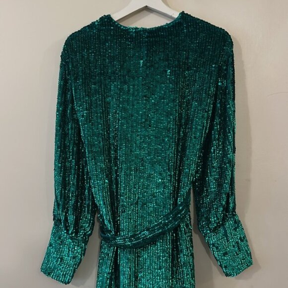 Asos Edition Sequin Wrap Long Sleeve Tie Waist Mini Dress in Teal Green - Picture 10 of 13